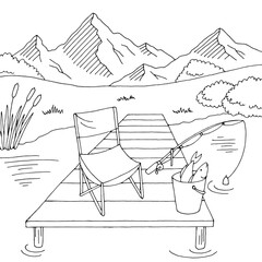 Fishing graphic black white landscape sketch illustration vector 