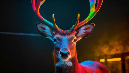 Portrait of deer in highly-coloured neon lights - obrazy, fototapety, plakaty