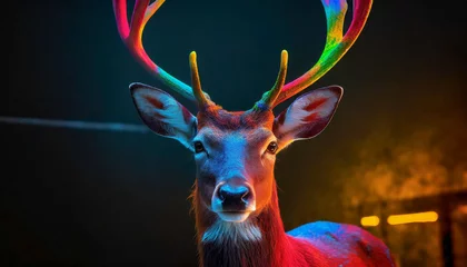 Fotobehang Portrait of deer in highly-coloured neon lights © Wojciech