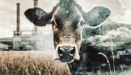 Zbliżenie na głowę krowy z roślinnością i fabryką w tle - zrównoważony rozwój - obrazy, fototapety, plakaty