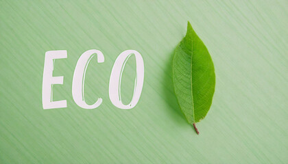 Napis ECO w stylu zrównoważonego rozwoju z zielonym liściem i zielonym tłem w formie struktury