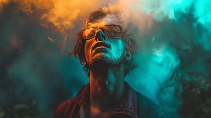 Man with eyeglasses spectacle eyes closed in colorful smoke male Caucasian with beard