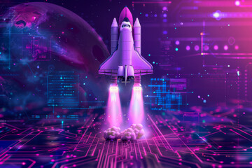 Space Shuttle Launch on a Digital Grid with Cosmic Background - obrazy, fototapety, plakaty