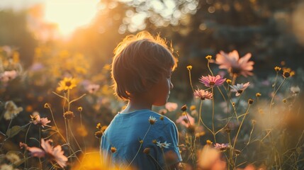 Child stands in flowers meadow field during sunrise Caucasian short hair kid - Powered by Adobe