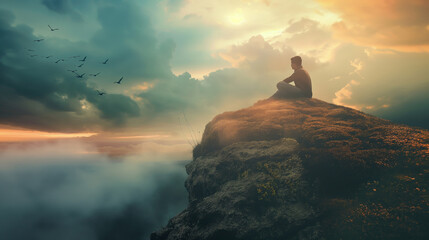 Man sits on top mountain enjoy view of sunset foggy landscape birds fly in sky and clouds - Powered by Adobe