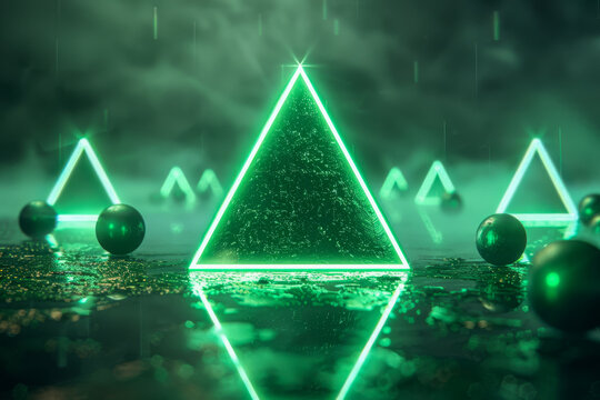 Neon Green Triangles in a Mystical Foggy Landscap