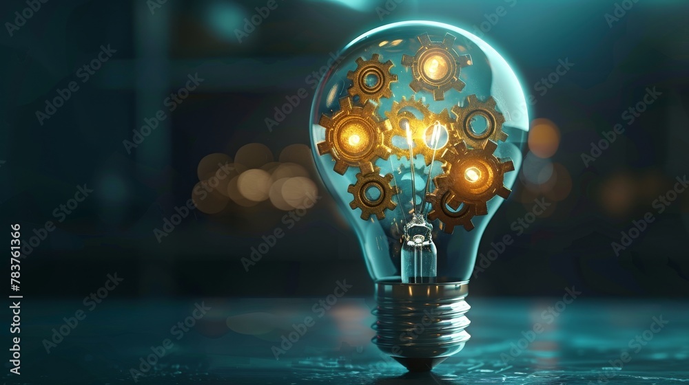 Wall mural creativity and design: a 3d vector illustration of a lightbulb with gears and cogs inside