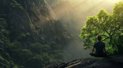 Man meditation on green mountain beside tree during day calm and peace natural environment