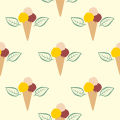 ice cream background, seamless pattern of ice cream scoops in a cone, texture of ice cream in yellow, red pink and green leaves, simple design, ice cream with natural ingredients, ice cream logo	