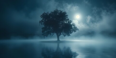 Moonlit Tree Silhouette Reflected on Foggy Lake or Pond Creating Surreal and Mystical Atmosphere