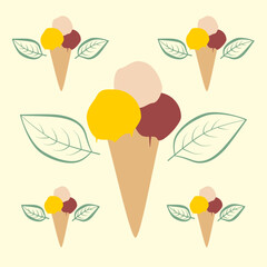 ice cream background, pattern of ice cream scoops in a cone, texture of ice cream in yellow, red pink and green leaves, abstract simple design, ice cream with natural ingredients, ice cream logo	
