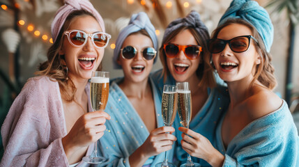 Celebration party at spa. Friends congratulation. Young women with champagne. Sunglasses, bathrobes and turbans on. Aroma therapy oils placed next to a white towel and flower. Spa treatment products. - Powered by Adobe