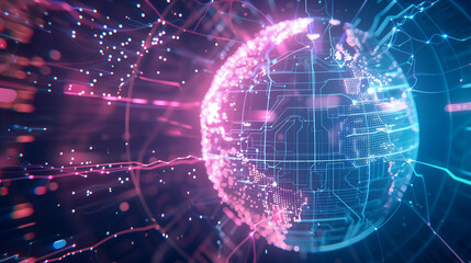 Obraz premium A computer generated image of a globe with a blue and pink background. The globe is surrounded by a network of lines and dots, giving it a futuristic and technological feel