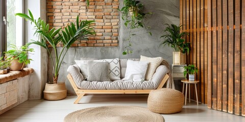 Modern Living Room With Natural Light, Green Plants, and Stylish Brick Wall Accents