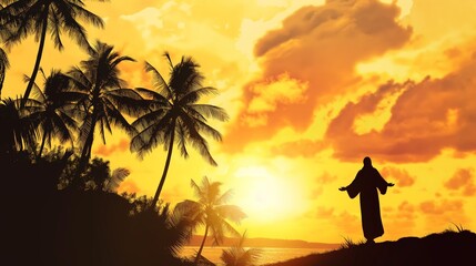 Silhouette of Jesus Christ stands on hill beside lake with palm trees and sunset in the background  - Powered by Adobe