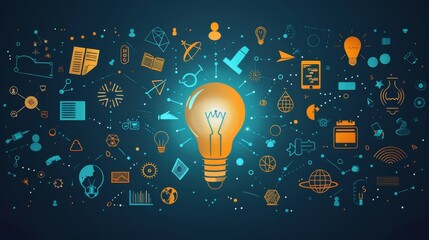 Education and Learning: A 3D vector illustration of a lightbulb surrounded by icons of various academic subject