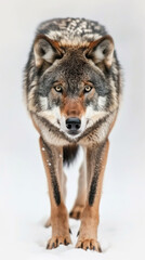 Obraz premium front view gray wolf walking forward isolated on white background