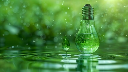 Energy Efficiency: A 3D vector illustration of a lightbulb with a water droplet next to it
