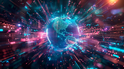 Obraz premium A computer generated image of a globe with a blue and pink background. The globe is surrounded by a network of lines and dots, giving it a futuristic and technological feel