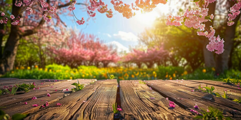 A wooden table foregrounds a dreamy landscape of vibrant cherry blossoms and a sunny springtime...