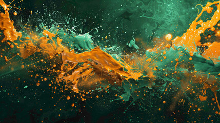 Fototapeta na wymiar Green and orange paint splatters forming an intriguing design.
