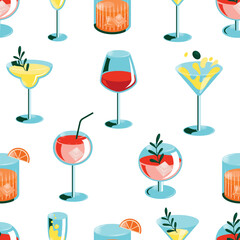 Seamless pattern cocktails. An illustration of classical drinks in different types of glasses. Vector illustration of summer cocktails isolated on background. Popular cocktails for design menu posters