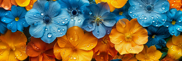 A stunning floral mosaic created by dew-laden blue and orange petals, shimmering under soft light.