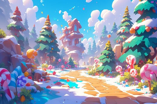 Candy land forest, sweet and magical world with candy and sweets