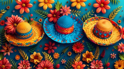 Vibrant traditional Mexican sombreros surrounded by a colorful array of folk art style flowers on a...