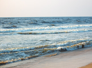 The Beautiful Marina Beach, a natural urban beach in Chennai, Tamil Nadu, South India, India, along...