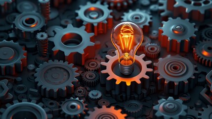 Fototapeta na wymiar Idea and Innovation: A 3D vector illustration of a glowing lightbulb surrounded by gears
