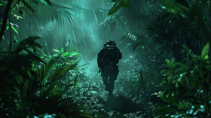 A lone soldier navigates through a dense jungle with mist and dim light, on a covert mission - obrazy, fototapety, plakaty