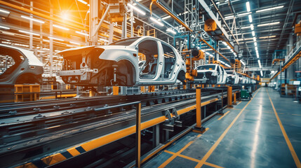 A car is being built in a factory with robotic arms. The car is orange and has a robotic arm attached to it. The scene is industrial and futuristic, with the orange car being the main focus