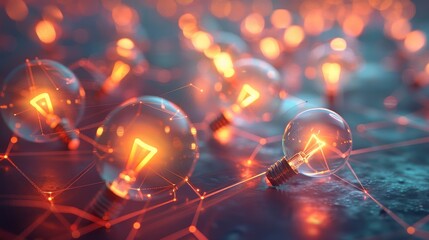 Invention and Discovery: A 3D vector illustration of a group of lightbulbs connected by glowing lines