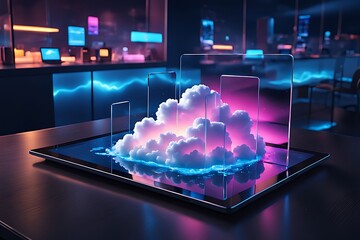  Neon light showing cloud computing on tablet computers design. neon light showing cloud computing on tablet computer design.  - obrazy, fototapety, plakaty