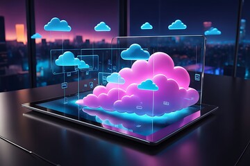  Neon light showing cloud computing on tablet computers design. neon light showing cloud computing on tablet computer design. 