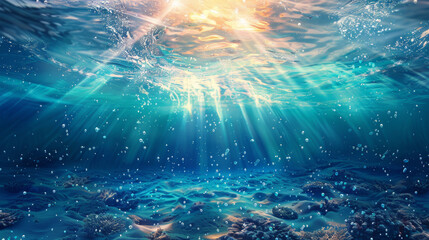 The captivating play of light beneath the ocean surface, with glistening sunbeams illuminating a sandy sea floor scattered with bubbles - obrazy, fototapety, plakaty