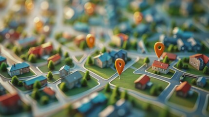 Real Estate: A 3D vector illustration of a map with pins indicating property locations