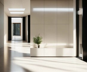 interior of modern office, a highly realistic image of a completely empty interior of modern architecture, in an elegant style, showcasing a minimalist design