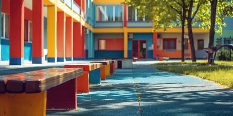 Empty schoolyard with a bench, nobody. Background for school website, school grounds landscaping for events.