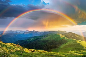 Fototapeta premium A panoramic view of a mountain range capped with a perfect rainbow