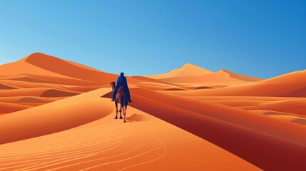 Fototapeta na wymiar Travel and Exploration: A 3D vector illustration of a traveler riding a camel through a desert