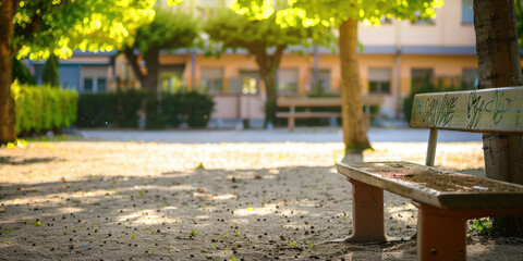 Empty schoolyard with a bench, nobody. Background for school website, school grounds landscaping for events.