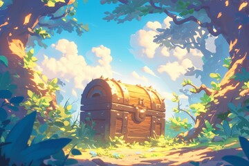 treasure chest, forest, illustration, art