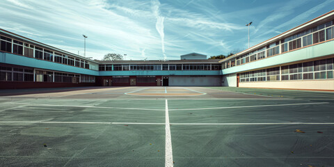 Empty minimal style schoolyard, nobody. Background for school website, school grounds landscaping for events.