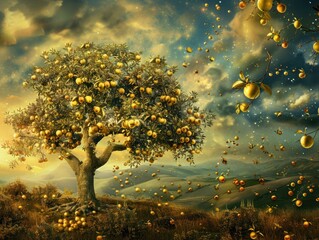 A surreal scene of a golden apple tree with fruits that shine under a starlit sky