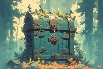 treasure chest, forest, illustration, art