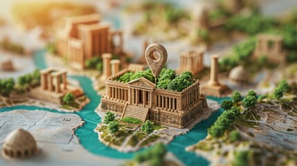 Travel Destination: A 3D vector illustration of a map with a pin highlighting a historical travel destination