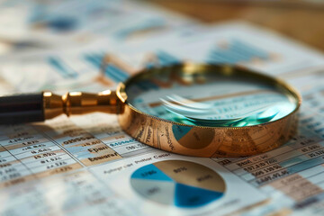 Sharp focus on a magnifying glass resting on detailed financial reports with pie charts and bar graphs, symbolizing in-depth analysis