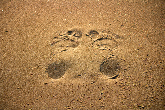 Footprint in sea sand. The Beautiful Marina Beach, a natural urban beach in Chennai, Tamil Nadu, South India, India, along the Bay of Bengal. the second longest urban beach in the world